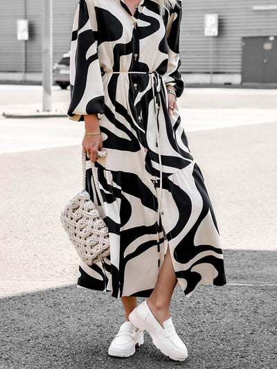 Long Sleeves Loose Contrast Color Pleated Printed Split-Joint Tied Waist Lapel Shirt Dress