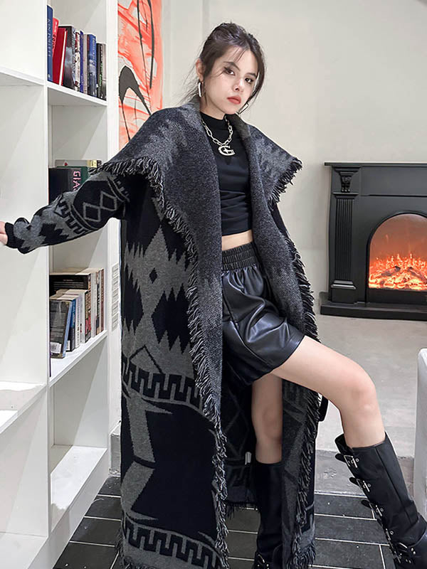 Long Sleeves Loose Contrast Color Geometric Split-Joint Tasseled Lapel Outerwear Overcoat