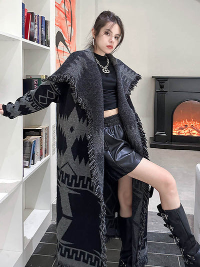 Long Sleeves Loose Contrast Color Geometric Split-Joint Tasseled Lapel Outerwear Overcoat