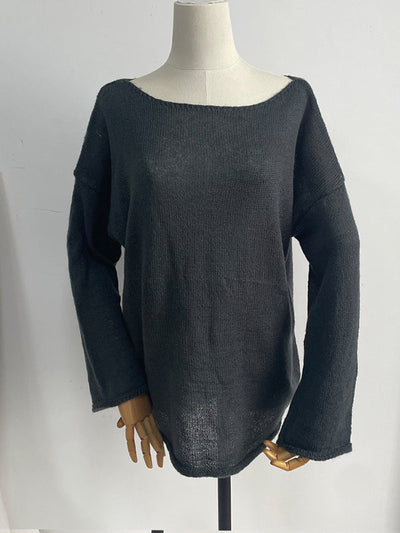 Long Sleeves Loose See-Through Solid Color Split-Joint Round-Neck Sweater Tops