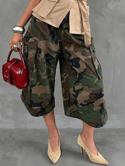 Loose Seven-Quarter Sleeves Camouflage Contrast Color Pockets Casual Pants Bottoms Cropped Trousers