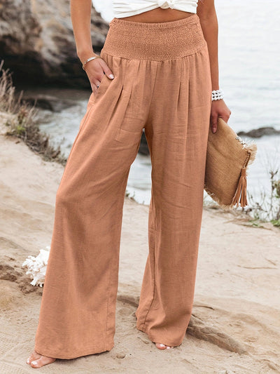 Elasticated Waist High Waisted Pleated Pockets Solid Color Split-Joint Pants