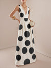 A-Line High Waisted Pleated Polka-Dot V-Neck Maxi Dresses