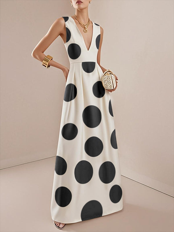 A-Line High Waisted Pleated Polka-Dot V-Neck Maxi Dresses