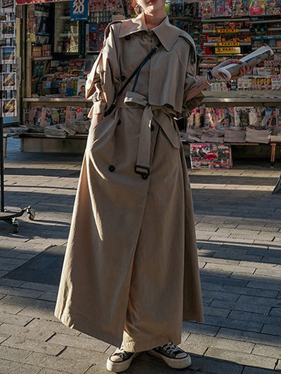 Long Sleeves Loose Buckle Buttoned Split-Back Tied Waist Lapel Outerwear Trench Coats