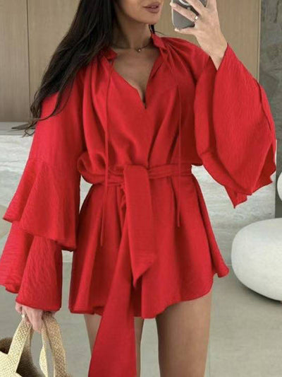 Flared Sleeves Loose Lace-Up Pleated Solid Color Split-Joint Tiered Round-Neck Mini Dresses