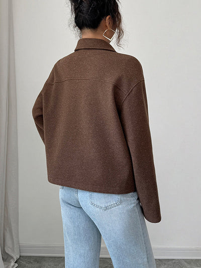 Long Sleeves Loose Solid Color Zipper Lapel Outerwear