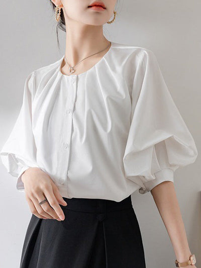 Half Sleeves Loose Buttoned Pleated Solid Color Round-Neck Blouses&Shirts Tops