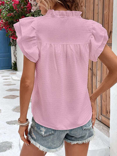 Loose Short Sleeves Ruffle Trim Solid Color Split-Joint V-Neck Blouses&Shirts Tops