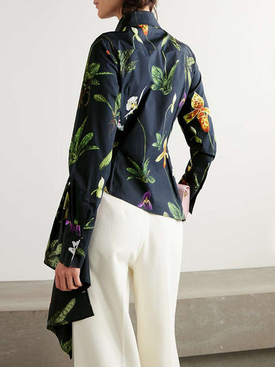Long Sleeves Loose Asymmetric Flower Print Split-Joint Lapel Blouses&Shirts Tops