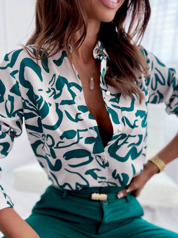 Long Sleeves Loose Printed Lapel Blouses