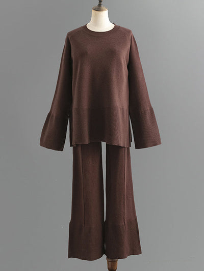 Casual Long Sleeves Loose Solid Color Round-Neck Sweater Tops & Wide Leg Pants Two Pieces Set