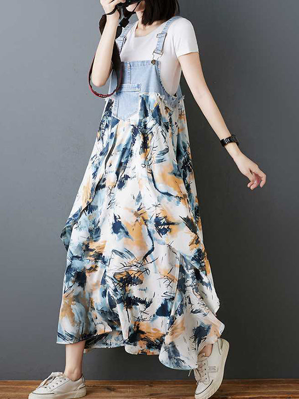 Loose Plus Size Flower Print Pockets Split-Joint Spaghetti-Neck Maxi Dresses Suspender Dress