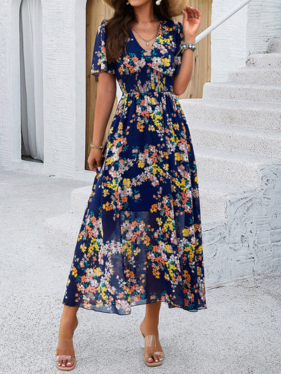 A-Line Elasticated Waist Contrast Color Flower Print Pleated Split-Joint V-Neck Maxi Dresses