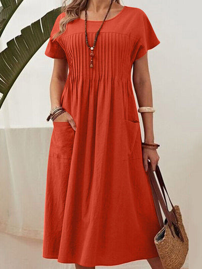 High Waisted Loose Pleated Pockets Solid Color Split-Joint Round-Neck Midi Dresses