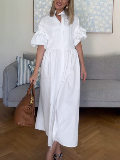 Half Sleeves Loose Buttoned Pleated Solid Color Tied Waist Stand Collar Maxi Dresses