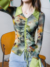 Flared Sleeves Long Sleeves Drawstring Flower Print Pleated Lapel Blouses&Shirts Tops