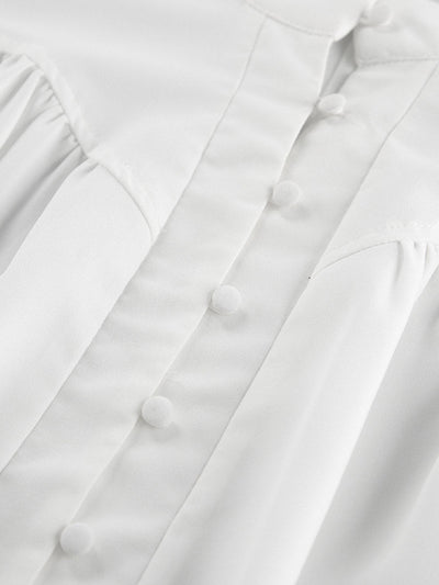 Long Sleeves Loose Buttoned Pleated Solid Color Split-Joint Stand Collar Blouses&Shirts Tops