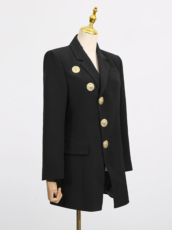 Long Sleeves Loose Buttoned Pockets Solid Color Notched Collar Blazer Outerwear