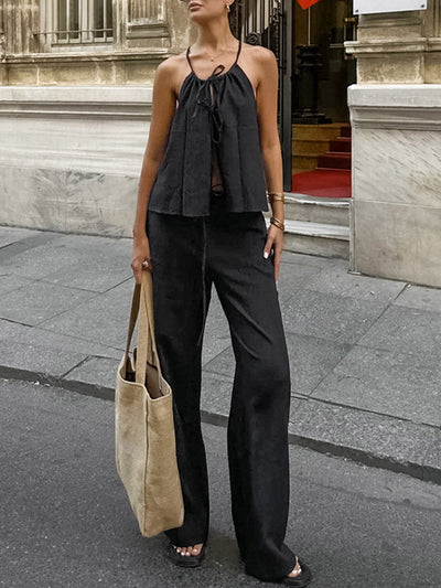 Solid Color Halter-Neck Cropped Pleated Split-Joint Tank Top + High Waisted Elasticity  Tied Waist Pants Trousers Two Pieces Set