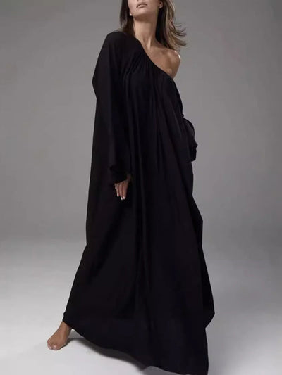 Flared Sleeves Loose Pleated Solid Color Split-Joint Round-Neck Maxi Dresses