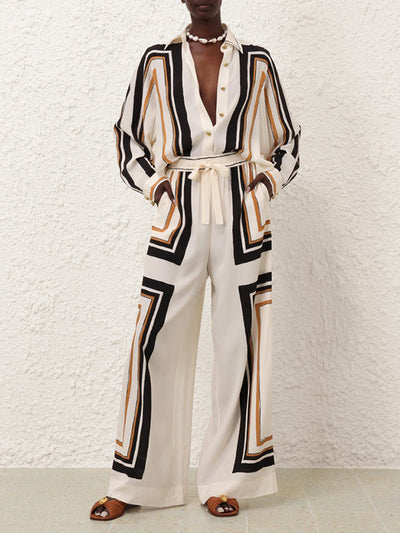 Loose Wide Leg Plaid Striped Tied Waist Casual Pants Bottoms Trousers