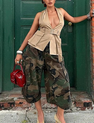 Loose Seven-Quarter Sleeves Camouflage Contrast Color Pockets Casual Pants Bottoms Cropped Trousers