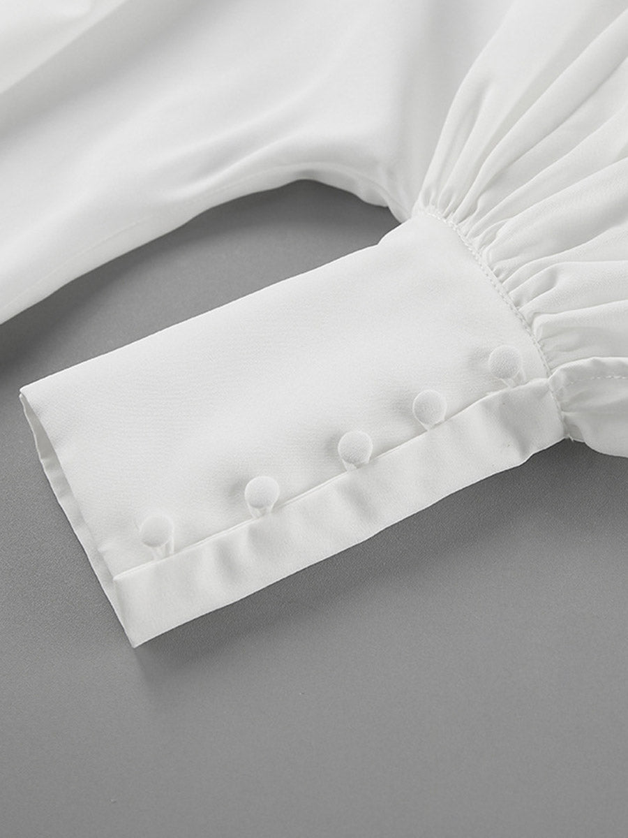 Long Sleeves Loose Buttoned Pleated Solid Color Split-Joint Stand Collar Blouses&Shirts Tops