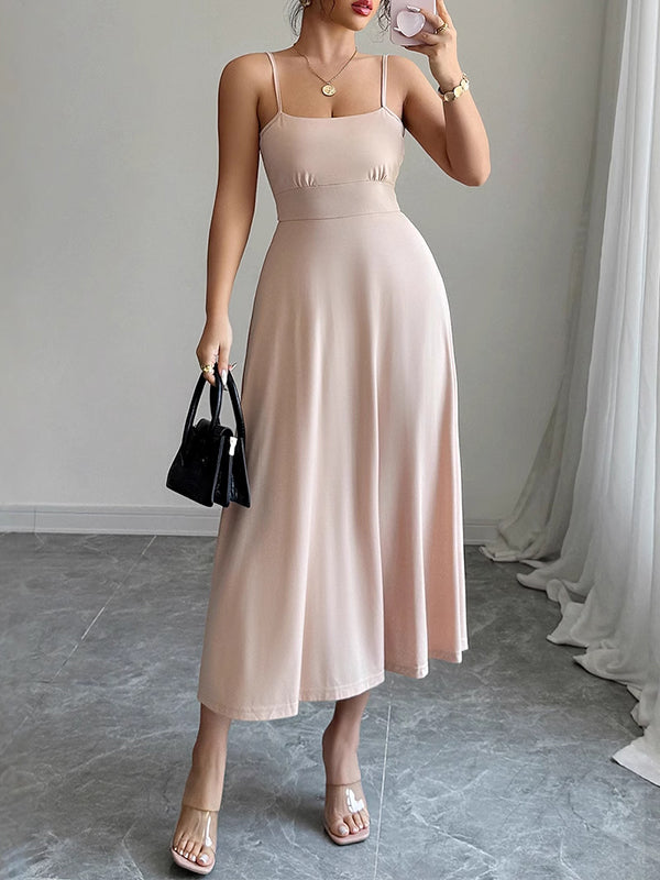 A-Line High Waisted Backless Pleated Solid Color Spaghetti-Neck Midi Dresses