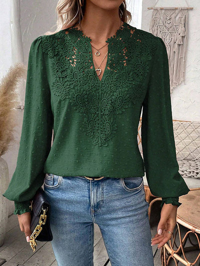 Loose Puff Sleeves Elasticity Hollow Jacquard Solid Color Split-Joint V-Neck Blouses&Shirts Tops