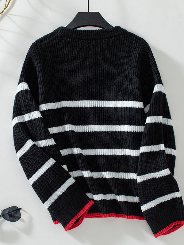 Long Sleeves Loose Contrast Color Split-Joint Striped Round-Neck Pullovers Sweater Tops
