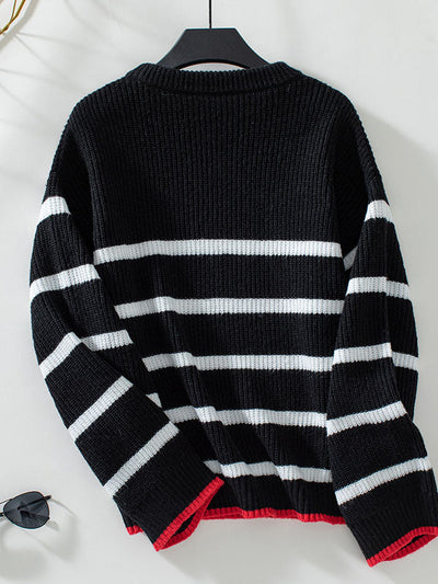 Long Sleeves Loose Contrast Color Split-Joint Striped Round-Neck Pullovers Sweater Tops
