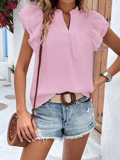 Loose Short Sleeves Ruffle Trim Solid Color Split-Joint V-Neck Blouses&Shirts Tops