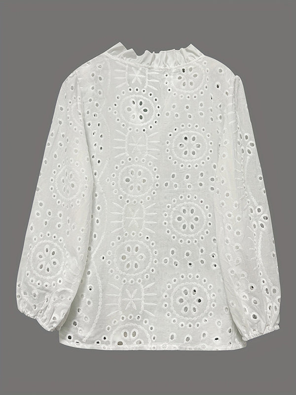 Irregularity Long Sleeves Buttoned Flower Shape Hollow See-Through Single-Breasted Solid Color Split-Joint V-Neck Blouses&Shirts Tops