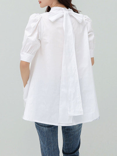 Casual Loose Bow-Embellished Solid Color Blouse