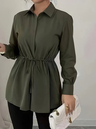 Elasticated Waist Long Sleeves Drawstring Pleated Solid Color Tied Waist Lapel Blouses&Shirts Tops