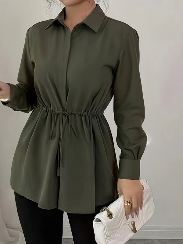 Elasticated Waist Long Sleeves Drawstring Pleated Solid Color Tied Waist Lapel Blouses&Shirts Tops