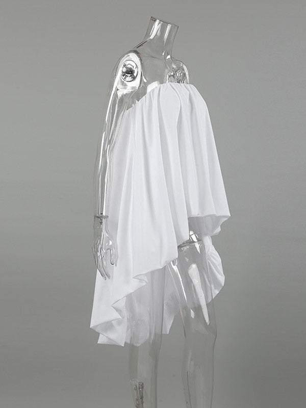 High-Low Sleeveless Elasticity Pleated Solid Color Split-Joint Tube Blouses&Shirts Tops