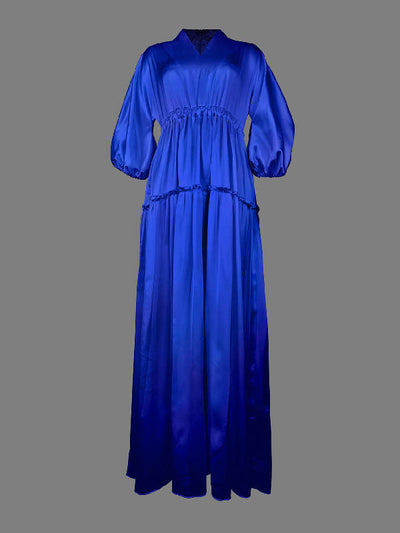 High Waisted Puff Sleeves Falbala Solid Color V-Neck Maxi Dresses