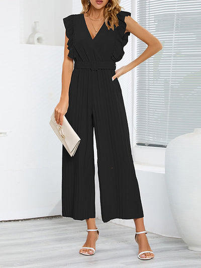 High Waisted Loose Belted Pleated Ruffled Solid Color V-Neck Jumpsuits