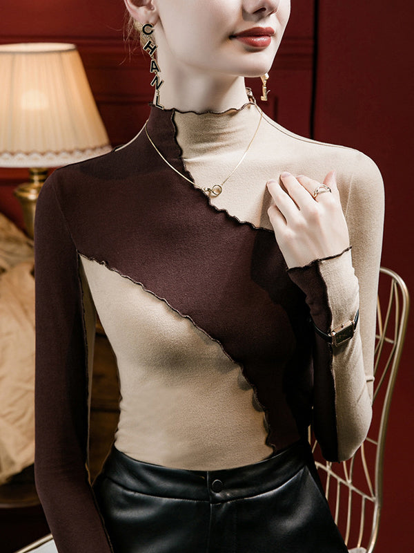 Long Sleeves Plus Size Contrast Color Ruffle Trim Split-Joint Mock Neck T-Shirts Tops