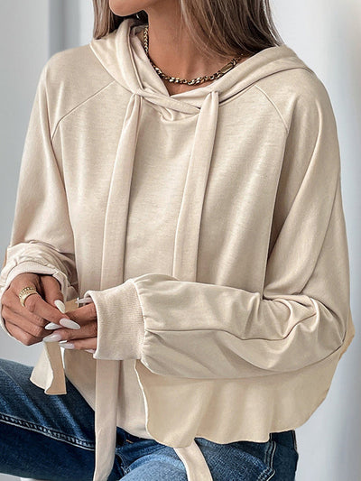 Long Sleeves Loose Drawstring Ruffle Trim Solid Color Split-Joint Hoodies Tops