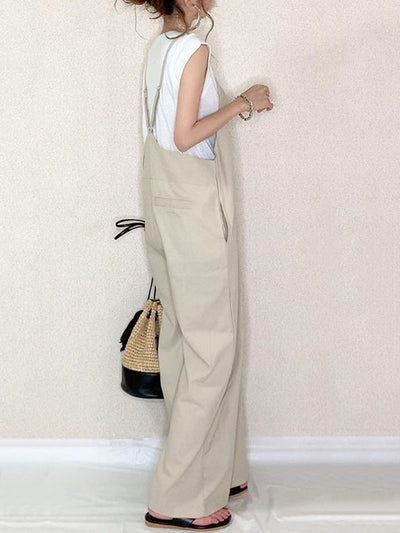 Loose Sleeveless Solid Color Split-Joint Spaghetti-Neck Overalls