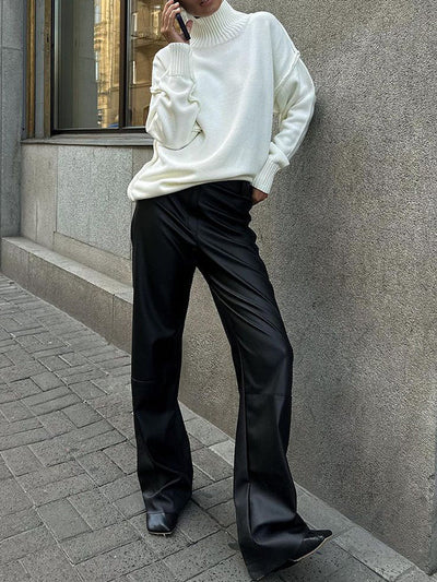 Long Sleeves Loose Solid Color Split-Joint High Neck Pullovers Sweater Tops