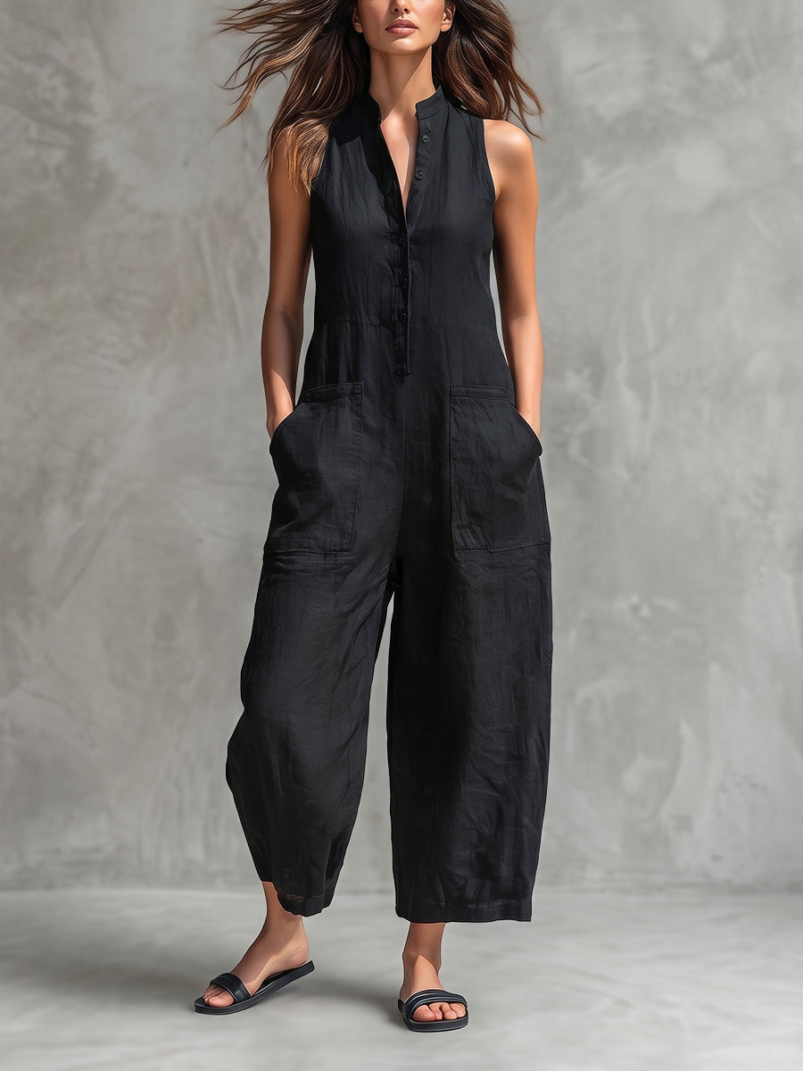 High Waisted Sleeveless Buttoned Pockets Solid Color Stand Collar Jumpsuits