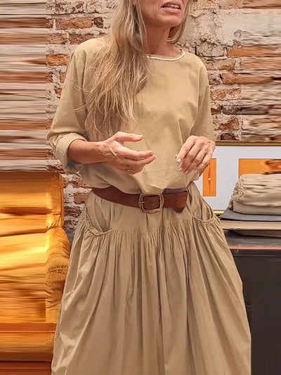 Loose Raglan Sleeve Pleated Solid Color Split-Joint Round-Neck Maxi Dresses