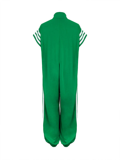 Loose Plus Size Contrast Color Pockets Split-Joint Striped Zipper Stand Collar Jumpsuits Ninth Pants