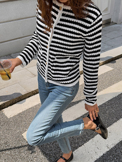 Long Sleeves Skinny Buttoned Contrast Color Pockets Single-Breasted Striped Collarless Cardigan Tops Outerwear