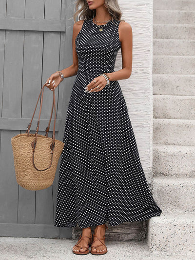 A-Line High Waisted Contrast Color Polka-Dot Round-Neck Maxi Dresses