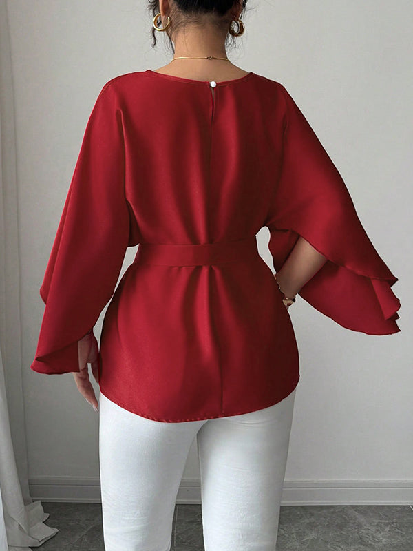 Batwing Sleeves Split-Joint Tied Waist Round-Neck Blouses&Shirts Tops